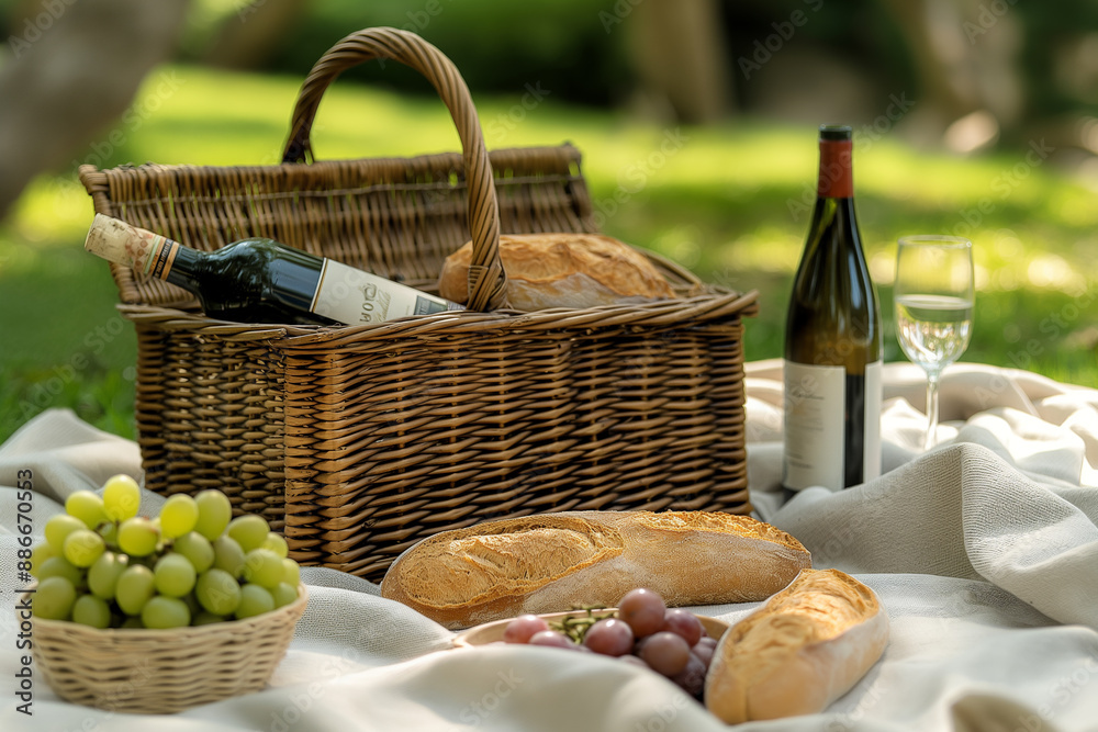 wicker picnic basket with a bottle of wine, baguette and grapes on a blanket on a green lawn, outdoor recreation wicker picnic basket with a bottle of wine, baguette and grapes on a blanket on a green lawn, outdoor recreation