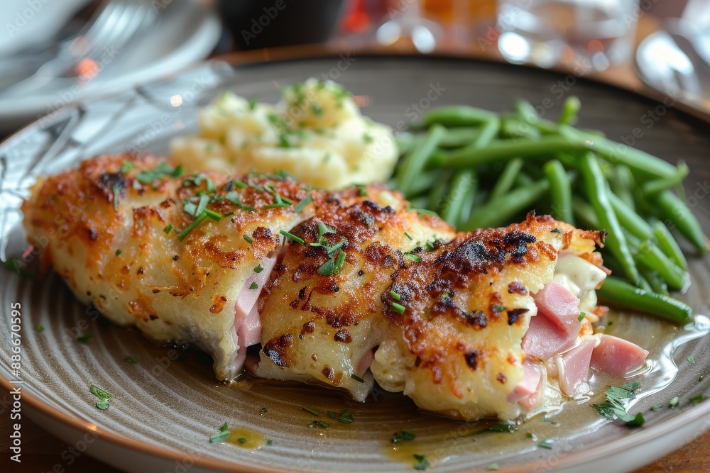 Cordon Bleu A crispy, golden Cordon Bleu with ham and cheese filling. Served with a side of mashed potatoes and green beans. Cordon Bleu A crispy, golden Cordon Bleu with ham and cheese filling. Served with a side of mashed potatoes and green beans.