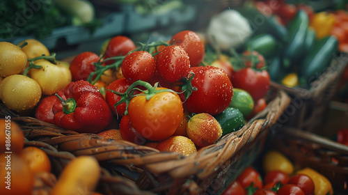 A basket of tomatoes and other vegetables are wet from the rain