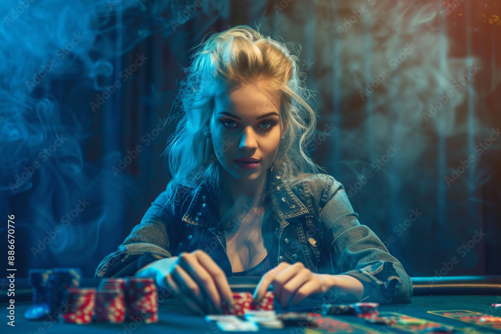 A woman is playing poker with a pile of chips in front of her A woman is playing poker with a pile of chips in front of her