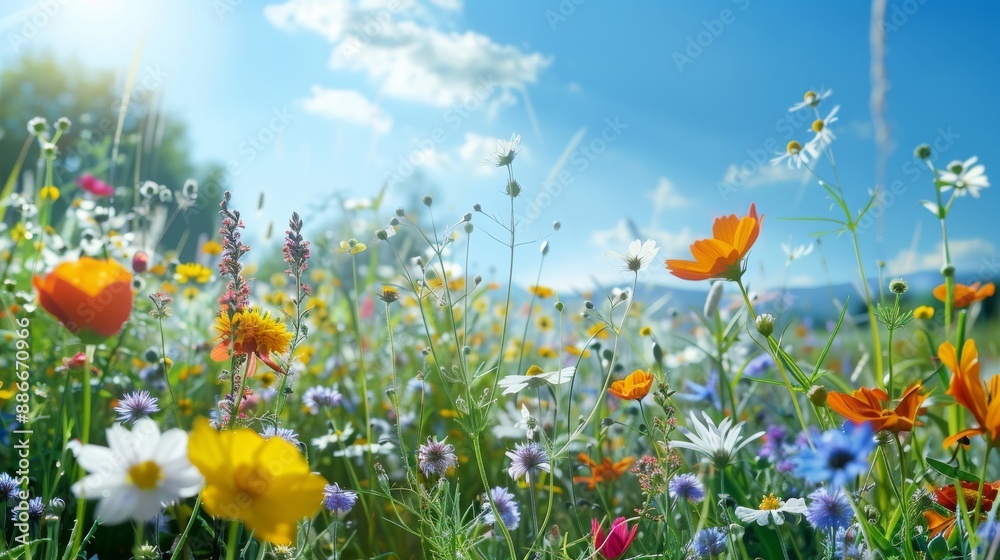 Beautifully Blooming Flowers: Green Nature with Open Sky - Creative Banner with Copy Space Beautifully Blooming Flowers: Green Nature with Open Sky - Creative Banner with Copy Space