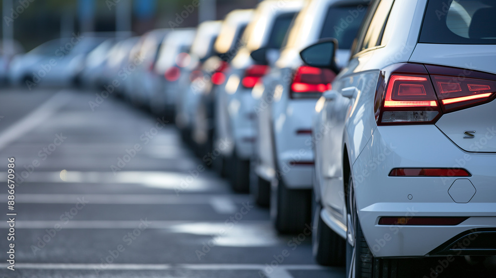 a row of cars parked in an open parking lot. Car showroom and dealer agent concept a row of cars parked in an open parking lot. Car showroom and dealer agent concept
