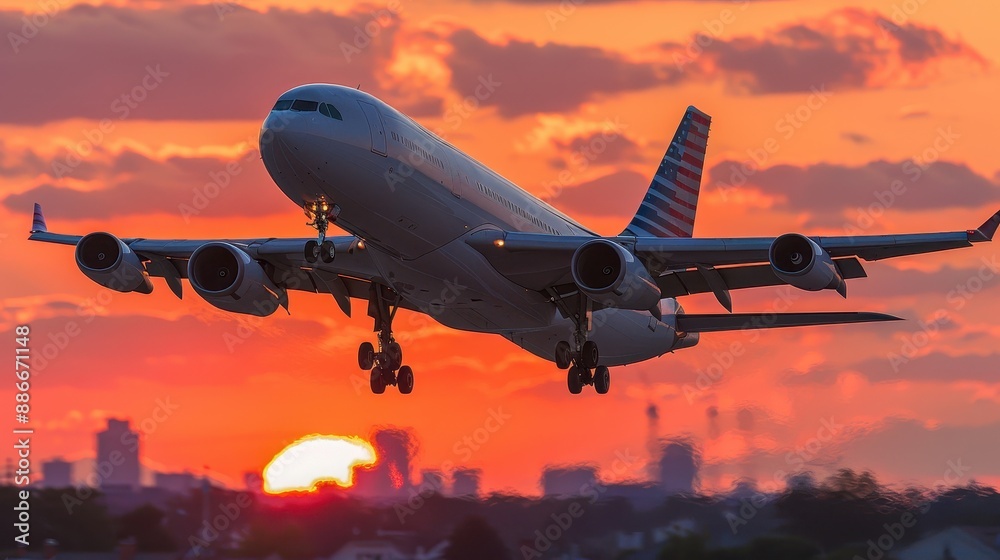 Commercial airplane taking off during a vivid sunset, with city skyline in the background and a colorful sky. Commercial airplane taking off during a vivid sunset, with city skyline in the background and a colorful sky.