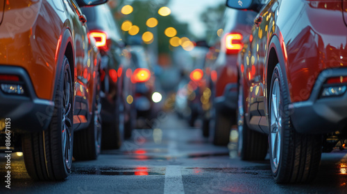 a row of  cars parked in an open parking lot. Car showroom and dealer agent concept photo