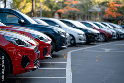 a row of  cars parked in an open parking lot. Car showroom and dealer agent concept photo