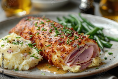 Cordon Bleu A crispy, golden Cordon Bleu with ham and cheese filling. Served with a side of mashed potatoes and green beans. 