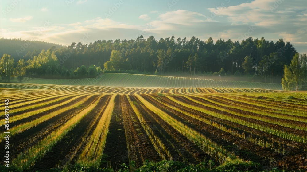Agricultural field with forest backdrop in morning light rural landscape with farming themes Agricultural field with forest backdrop in morning light rural landscape with farming themes