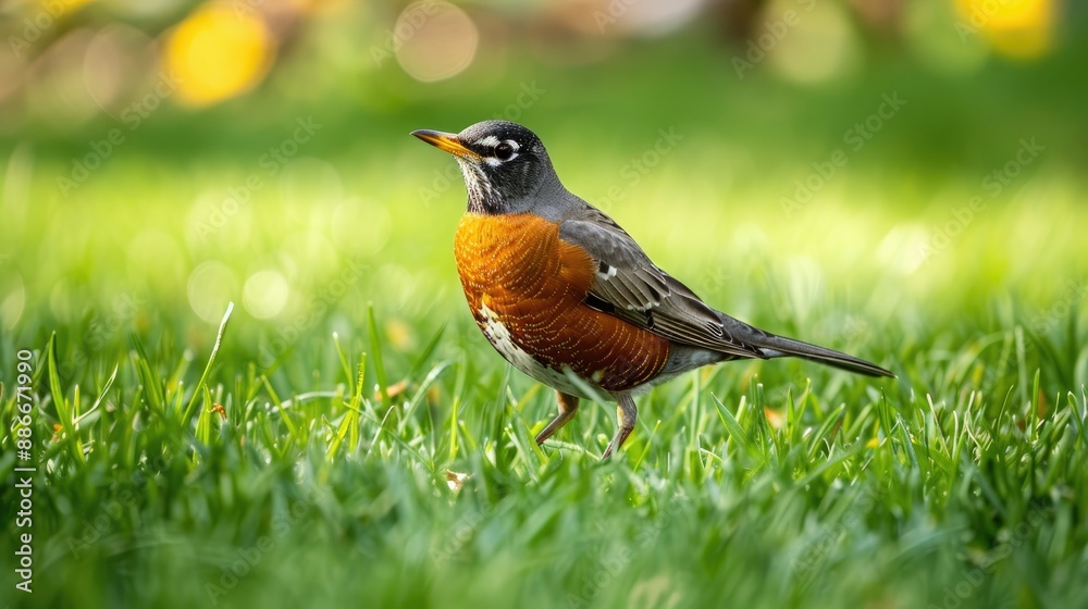 American robin searching for food in short grass on warm spring day American robin searching for food in short grass on warm spring day