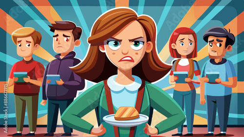 Angry people gather in a long queue. Customer Service Response Time.