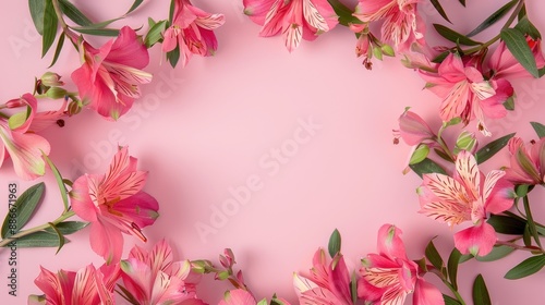 Alstroemeria flower frame on a pink backdrop