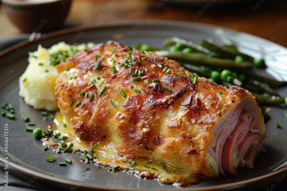 Cordon Bleu A crispy, golden Cordon Bleu with ham and cheese filling. Served with a side of mashed potatoes and green beans. Cordon Bleu A crispy, golden Cordon Bleu with ham and cheese filling. Served with a side of mashed potatoes and green beans.