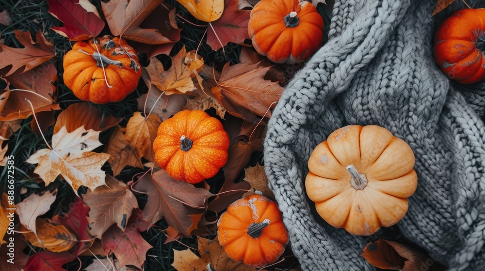 Autumn themed flat lay with pumpkins and leaves Autumn themed flat lay with pumpkins and leaves