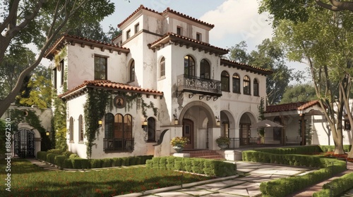 Generate a prompt for a photo realistic image of a Spanish Colonial Revival residence with stucco walls, tiled roof, and wrought iron details..