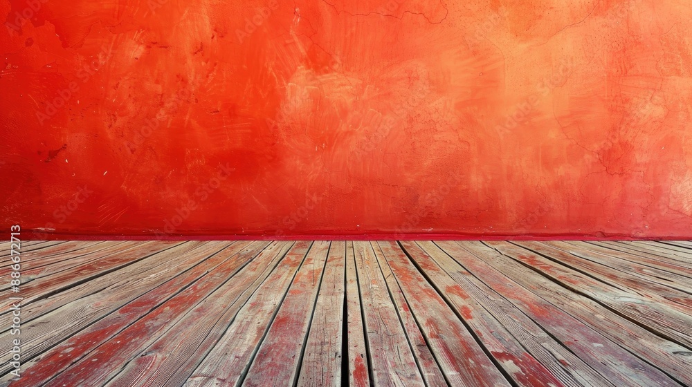 Fototapeta premium Background of wooden floor with reddish orange wall