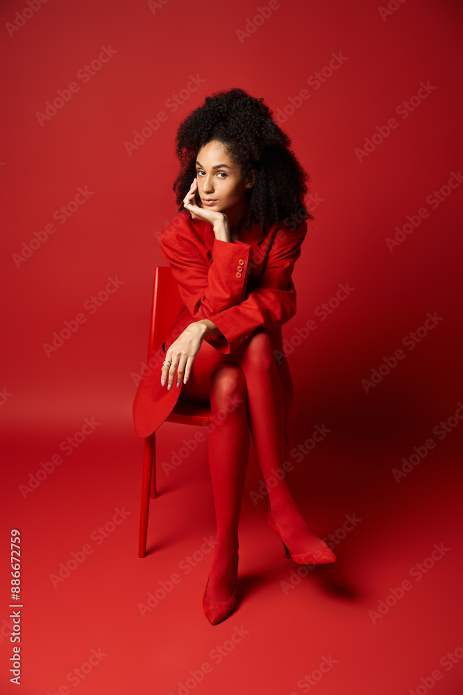 A stylish young woman in a vibrant red dress sits gracefully on a matching chair. A stylish young woman in a vibrant red dress sits gracefully on a matching chair.