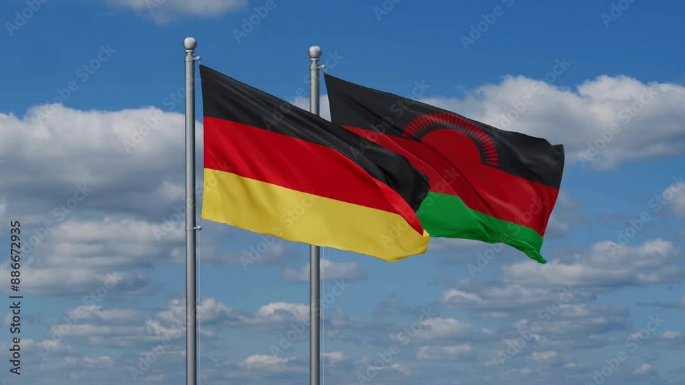 Malawi and Germany flags flying together, video concept of the relationship, two country relations concept Malawi and Germany flags flying together, video concept of the relationship, two country relations concept