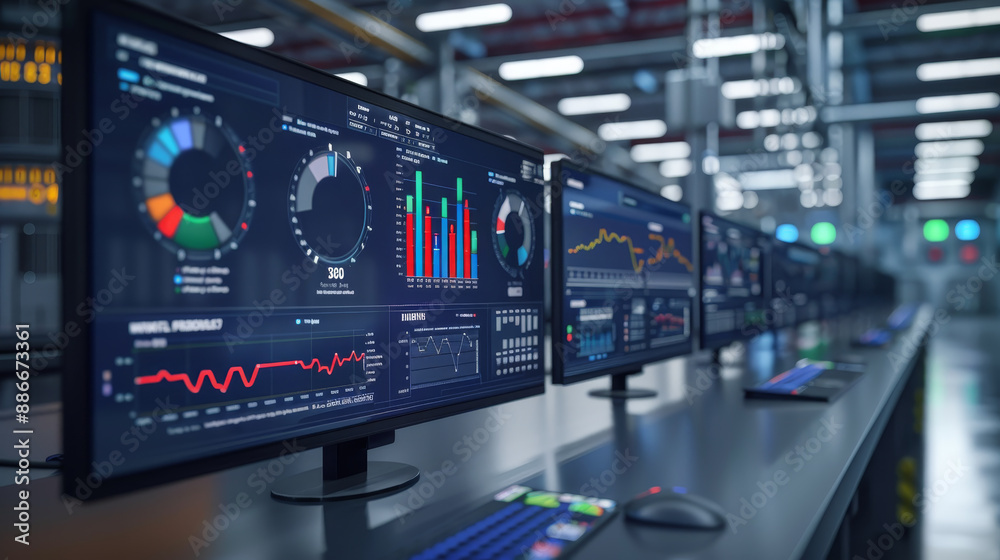 A row of computer monitors displaying various graphs and charts A row of computer monitors displaying various graphs and charts