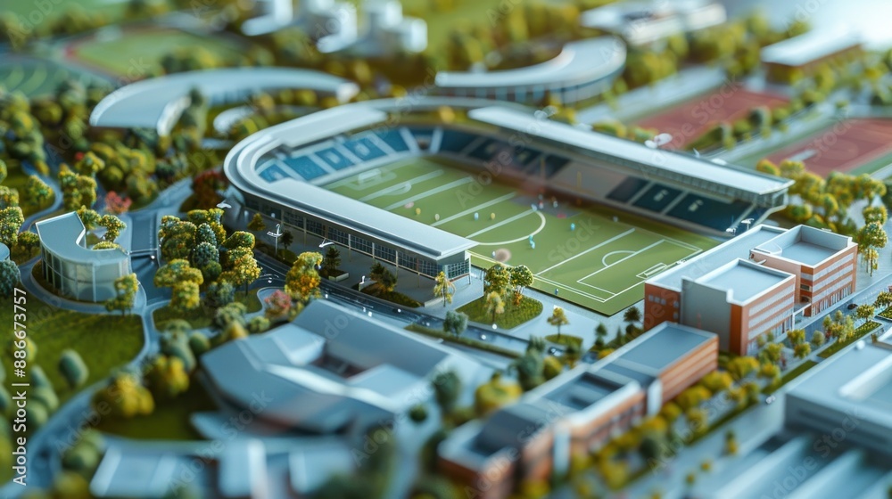 Obraz premium Generate a photo realistic image of a maquette illustrating a sports complex with stadiums, training facilities, and spectator amenities; ensure the image is of high resolution for clear.