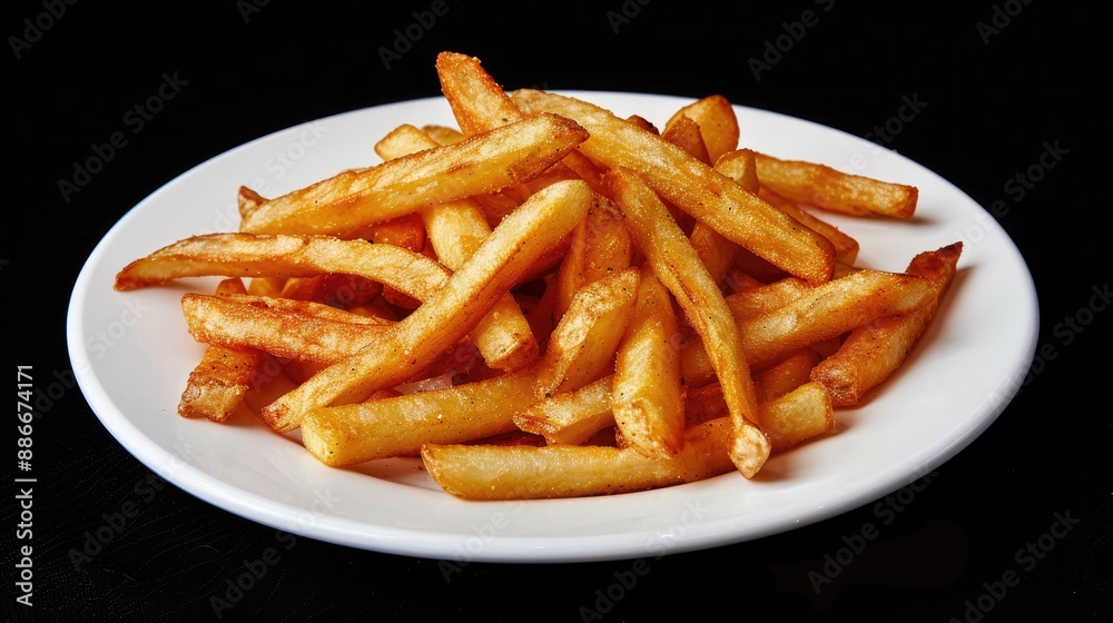 Charred french fries on white plate with black background Charred french fries on white plate with black background