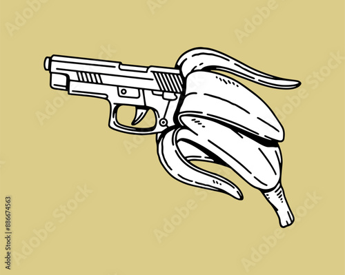 fantasy illustration of banana gun, drawing, ink, line art