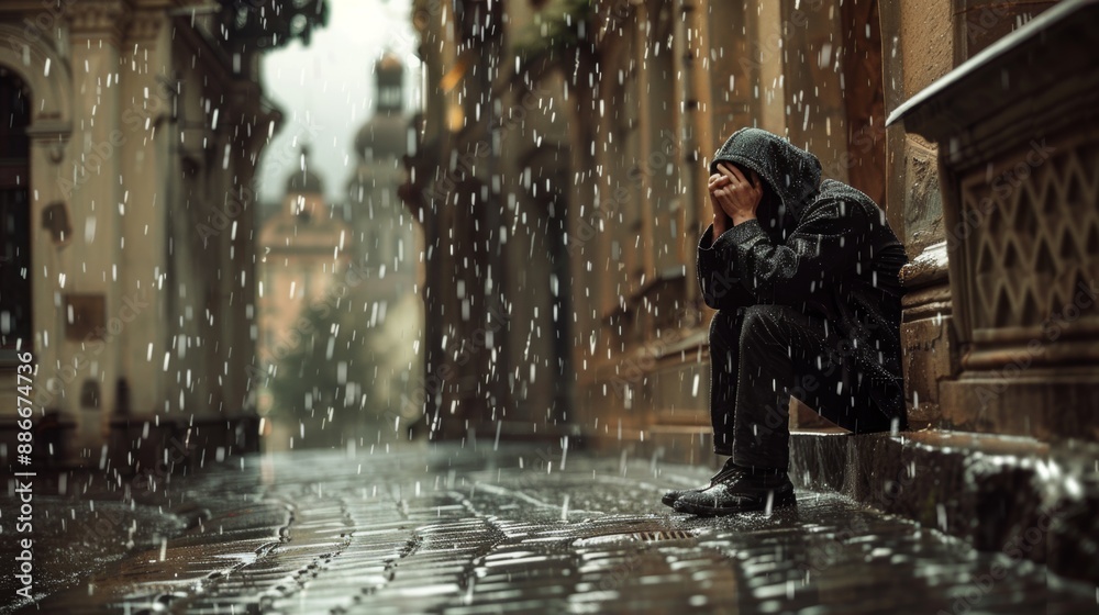 Solitude Figure Sitting in the Rain on Empty Street Solitude Figure Sitting in the Rain on Empty Street