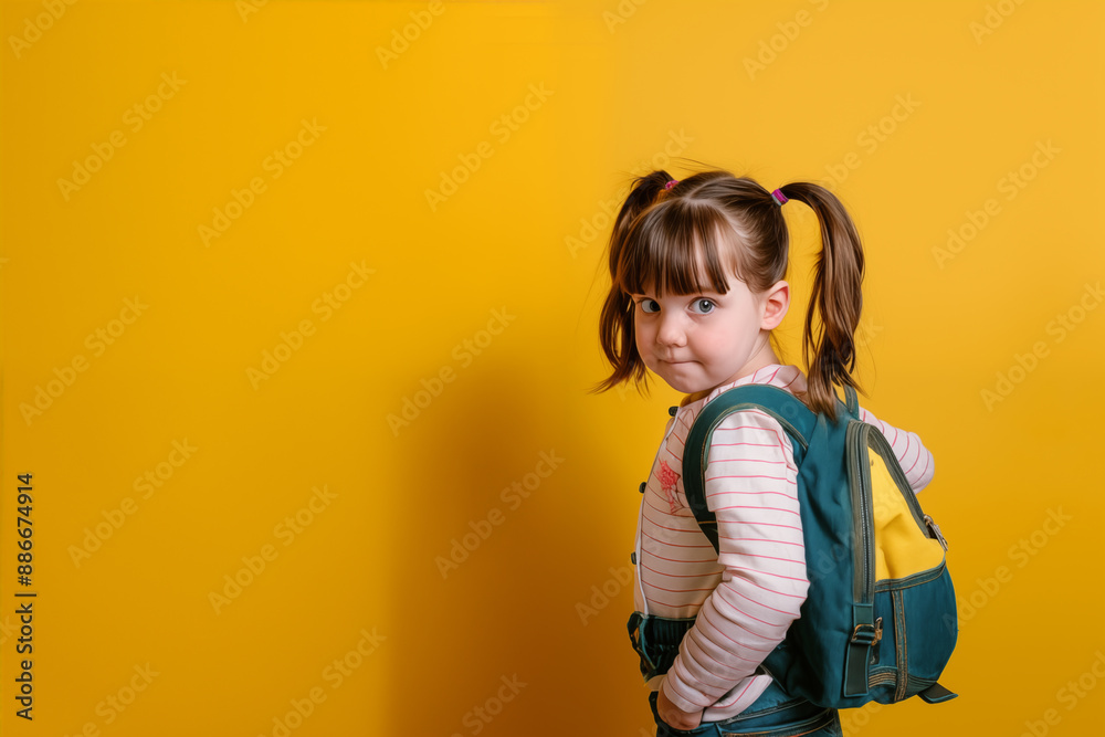 Cute little girl with backpack to go to school, looking at camera, isolated on a plain yellow background. Elementary school Cute little girl with backpack to go to school, looking at camera, isolated on a plain yellow background. Elementary school