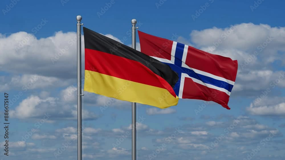 Norway and Germany flags flying together, video concept of the relationship, two country relations concept Norway and Germany flags flying together, video concept of the relationship, two country relations concept