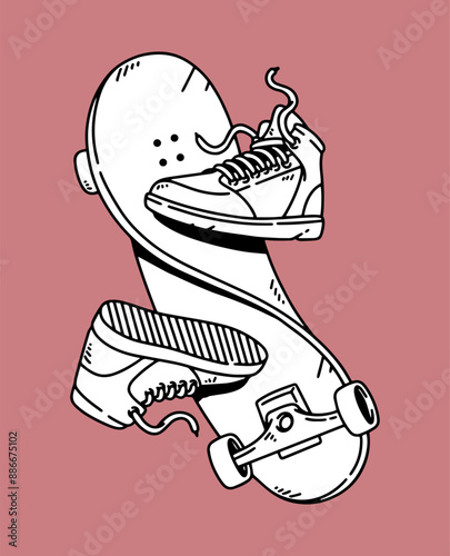 fantasy illustration of skateboards and shoes, drawing, ink, line art