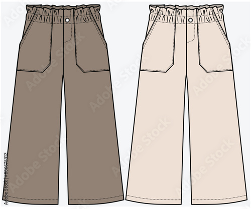 UTILITY POCKET DETAIL WIDE LEG TROUSER FASHION FLAT DESIGNED FOR TEEN GIRLS AND KID GIRLS IN VECTOR FILE