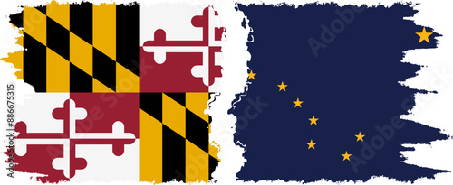 Alaska and Maryland states grunge brush flags connection, vector