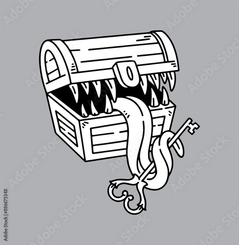 fantasy illustration of treasure chest monster, drawing, ink, line art