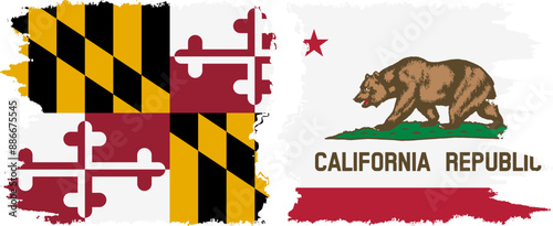 California and Maryland states grunge brush flags connection, vector