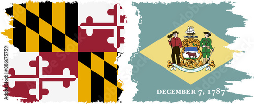 Delaware and Maryland states grunge brush flags connection, vector