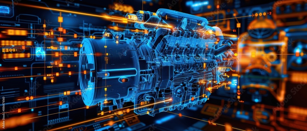 Engine Blueprint, Detailed digital illustration of engine design, Mechanical Innovation Engine Blueprint, Detailed digital illustration of engine design, Mechanical Innovation