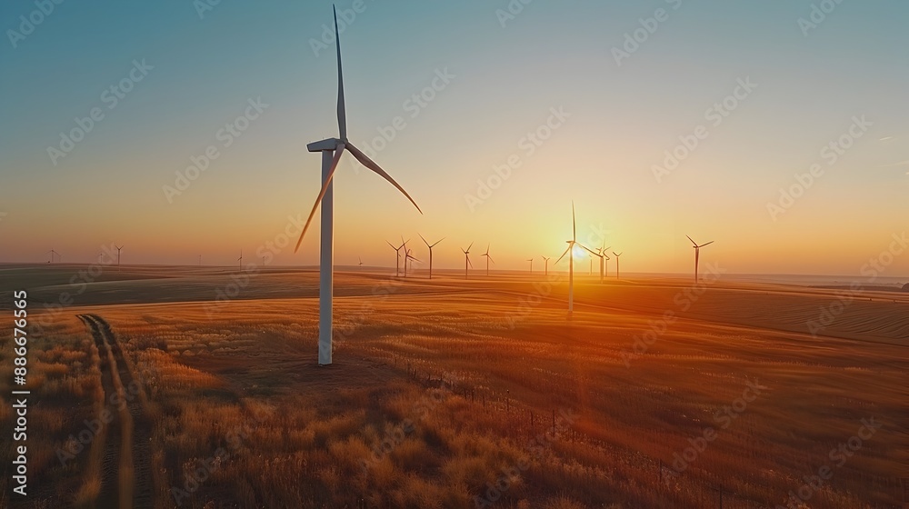 Obraz premium Serene Wind Farm at Sunset with Gentle Turning Turbines and Golden Countryside Backdrop