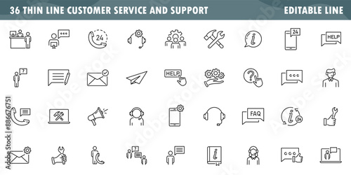 customer service help icon set, customer support, advice contact information, thin line symbol isolated on white background, editable stroke eps 10 vector illustration