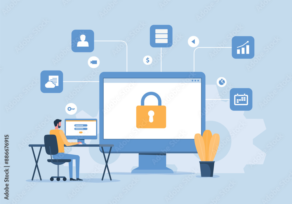 flat vector illustration design business data protection and internet cyber security concept . business people working concept flat vector illustration design business data protection and internet cyber security concept . business people working concept