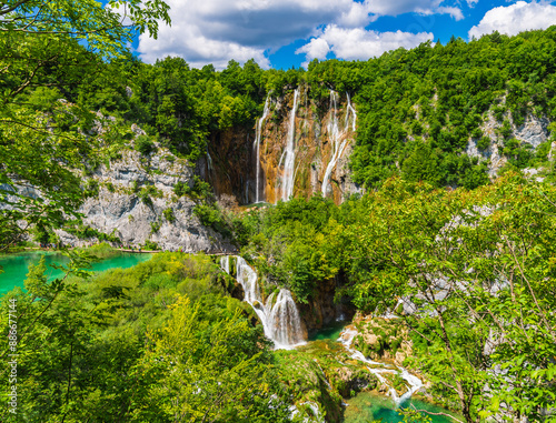 Beautiful landscape with cascading waterfalls. Big waterfall.