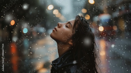 Woman Embracing Rain in Empty City Street at Dawn