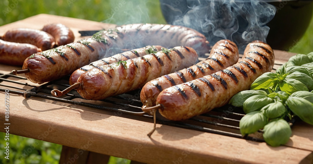 outdoor cooking scene featuring a rustic grill with freshly grilled sausages outdoor cooking scene featuring a rustic grill with freshly grilled sausages