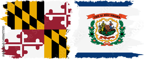 West Virginia and Maryland states grunge brush flags connection, vector