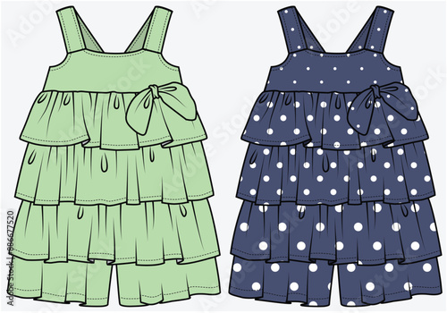 SUMMER SUN JUMPSUIT PLAYSUIT WITH LAYERS AND BOW DETAIL  DESIGNED FOR TODDLER GIRLS AND KID GIRLS IN VECTOR FILE