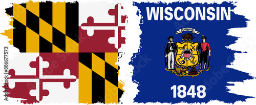 Wisconsin and Maryland states grunge brush flags connection, vector