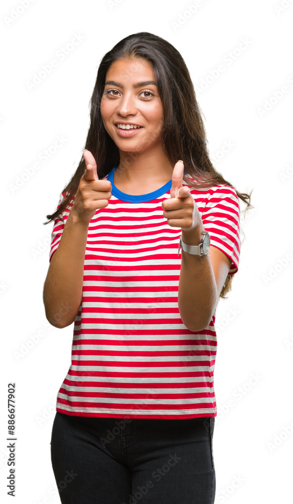 Young beautiful arab woman over isolated background pointing fingers to camera with happy and funny face. Good energy and vibes. Young beautiful arab woman over isolated background pointing fingers to camera with happy and funny face. Good energy and vibes.