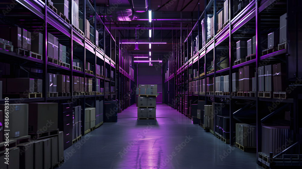 warehouse with boxes, black dark purple warehouse with boxes, black dark purple
