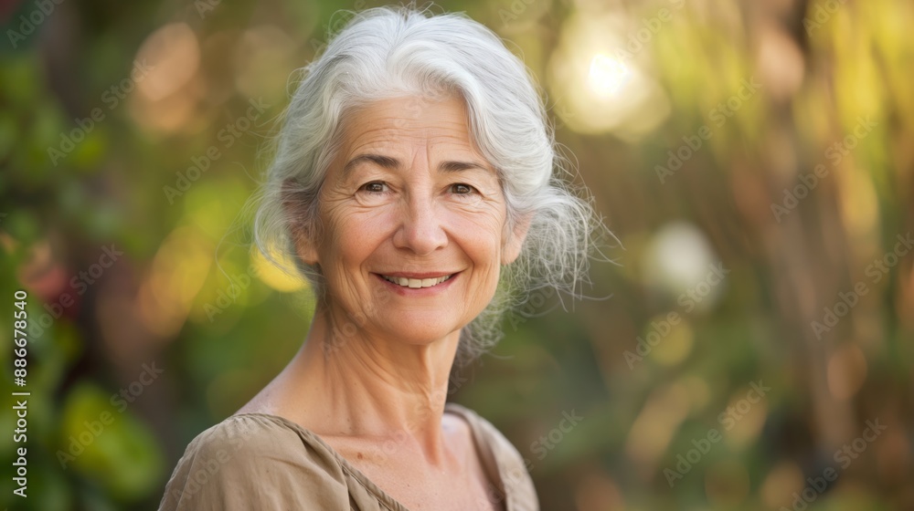 Smiling Elderly Southern European Woman in Nature Background, Perfect for Spring and Summer Theme Designs Smiling Elderly Southern European Woman in Nature Background, Perfect for Spring and Summer Theme Designs