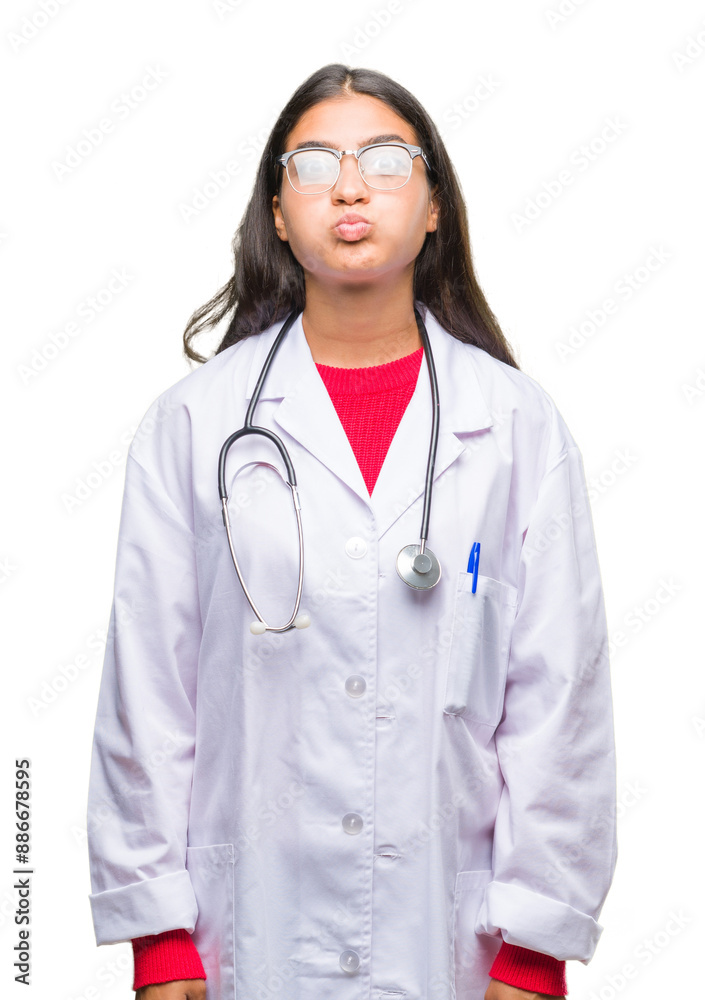 Young arab doctor woman over isolated background puffing cheeks with funny face. Mouth inflated with air, crazy expression. Young arab doctor woman over isolated background puffing cheeks with funny face. Mouth inflated with air, crazy expression.