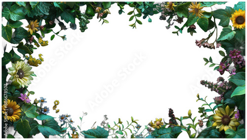 green background with a border of flowers and leaves