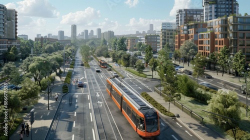 Generate a photo realistic image of transit-oriented development integrating residential and commercial areas around public transport; ensure the image is of high resolution for clear.