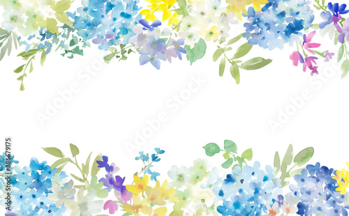 A vector illustration of an abstract hydrangea and flowers background painted in watercolor. A botanical frame painted in watercolor.